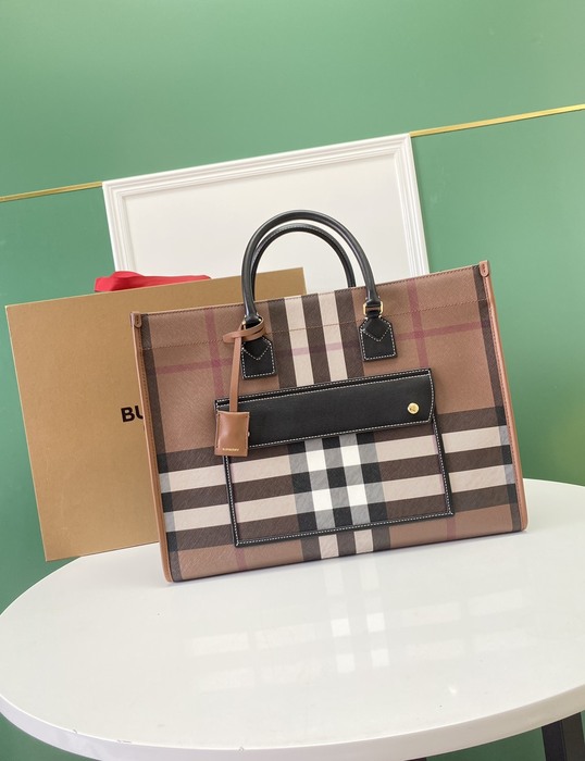 Burberry Checked Print Tote Bag with Leather Accents Brown 01A
