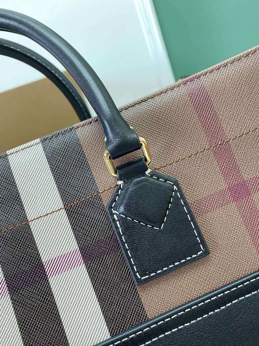 Burberry Checked Print Tote Bag with Leather Accents Brown 01A