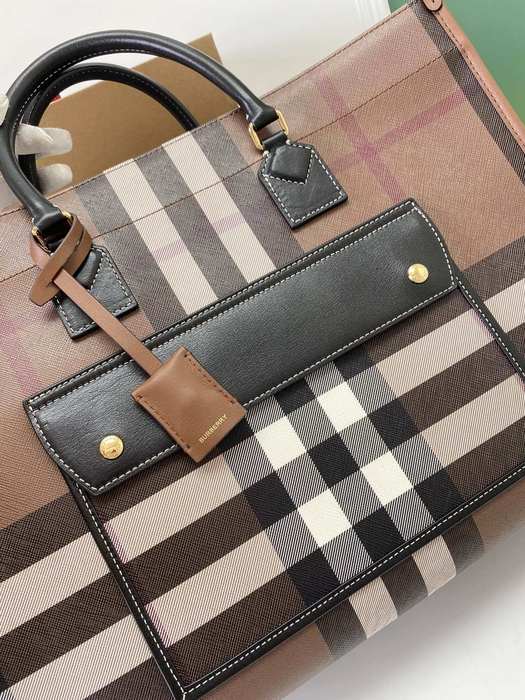 Burberry Checked Print Tote Bag with Leather Accents Brown 01A