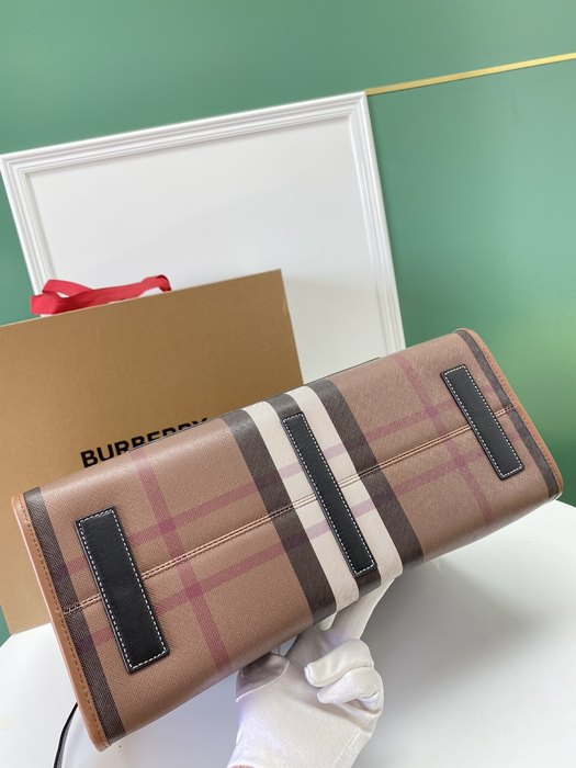 Burberry Checked Print Tote Bag with Leather Accents Brown 01A