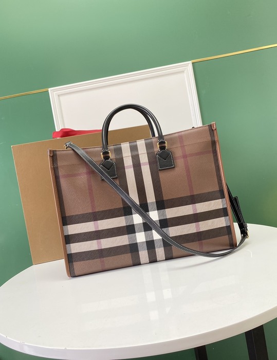 Burberry Checked Print Tote Bag with Leather Accents Brown 01A