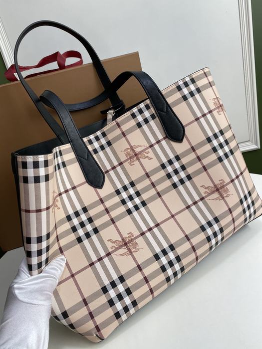 Burberry Checked Tote with Leather Trim Beige 01A