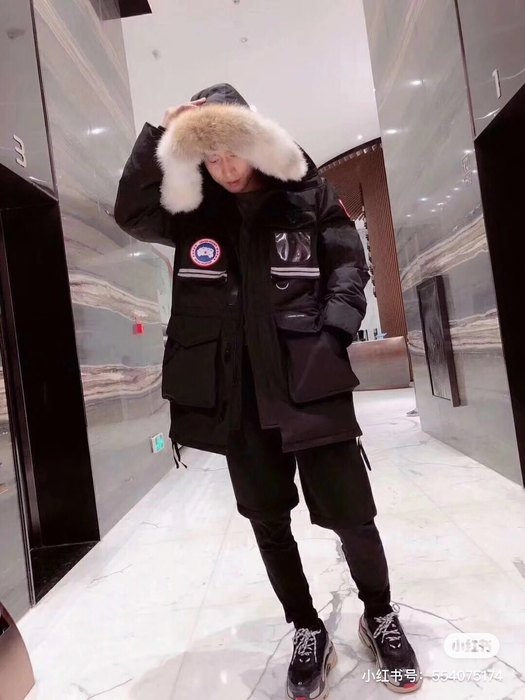 Yupoo Canada Goose fur trim black winter hat Canada Goose down jacket parka red fur hood Red 001