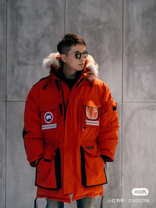 Yupoo Canada Goose fur trim black winter hat Canada Goose down jacket parka red fur hood Red 001