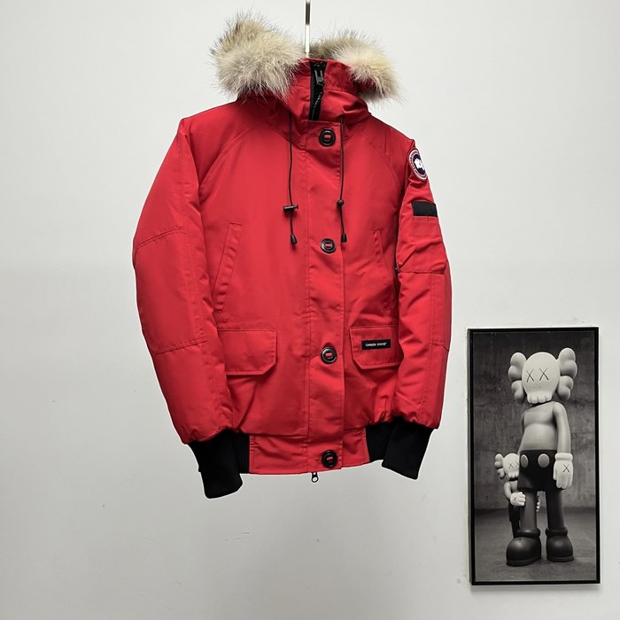 Yupoo Canada Goose fur trim red winter Canada Goose down jacket winter red fur pompom hat Red 004