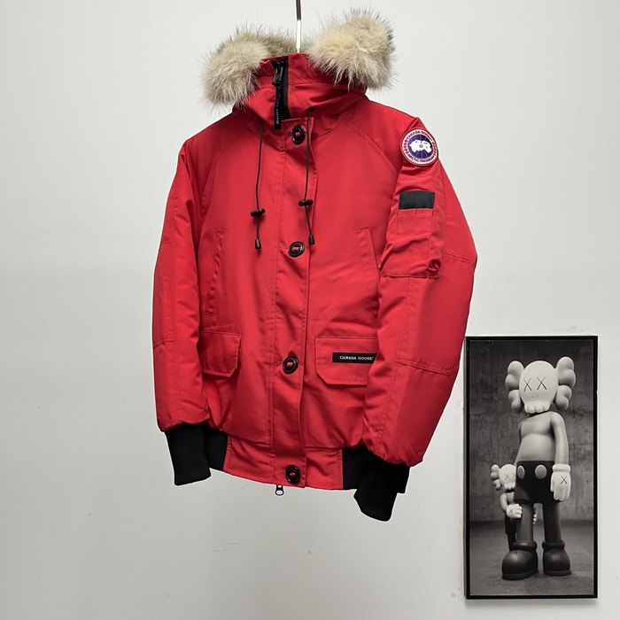 Yupoo Canada Goose fur trim red winter Canada Goose down jacket winter red fur pompom hat Red 004