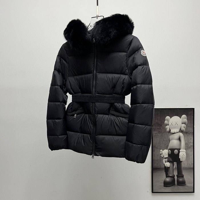 Clothing Moncler belted down jacket with fur collar Black