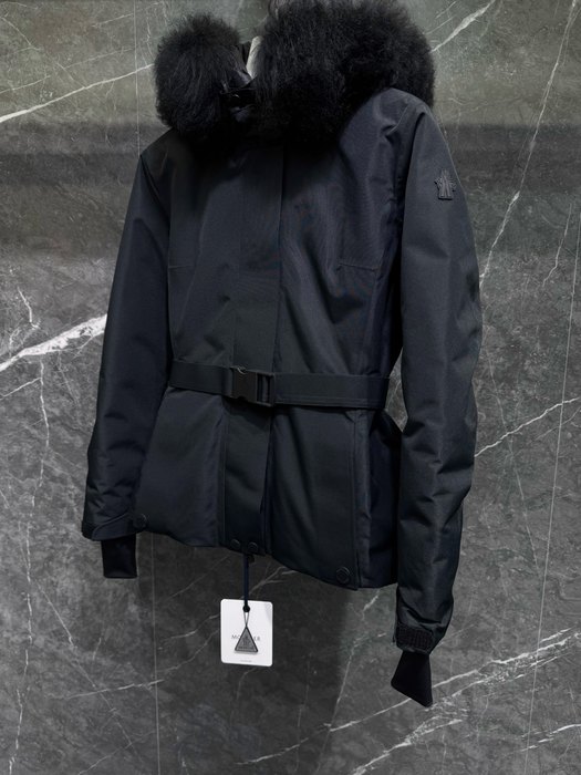 Clothing Moncler fur collar belted jacket Black
