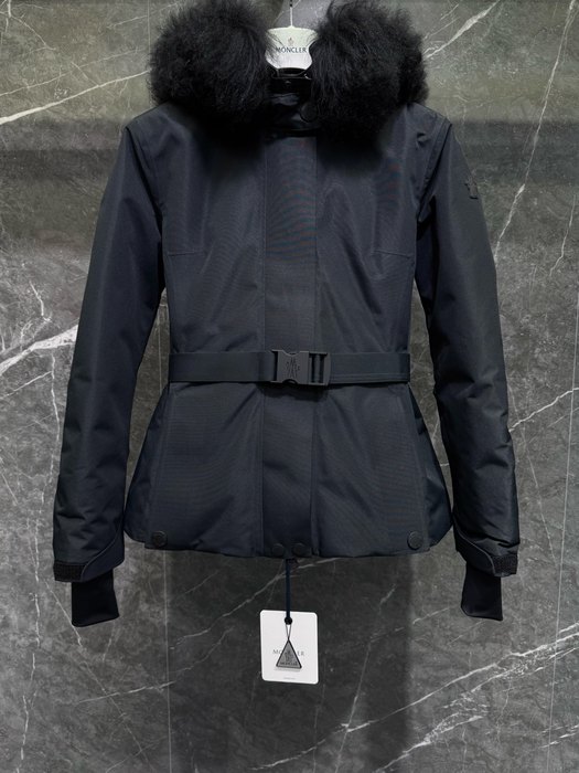 Clothing Moncler fur collar belted jacket Black