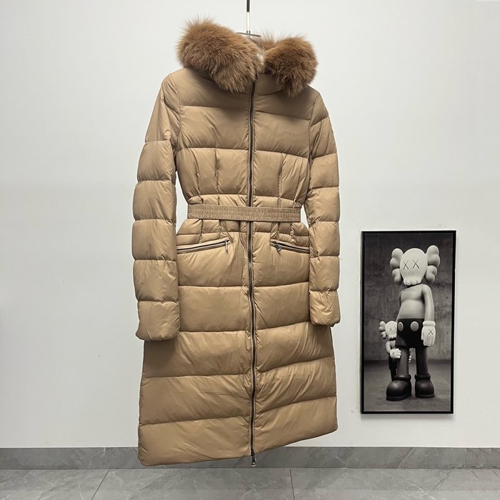 Clothing Moncler long belted down coat with fur collar Tan