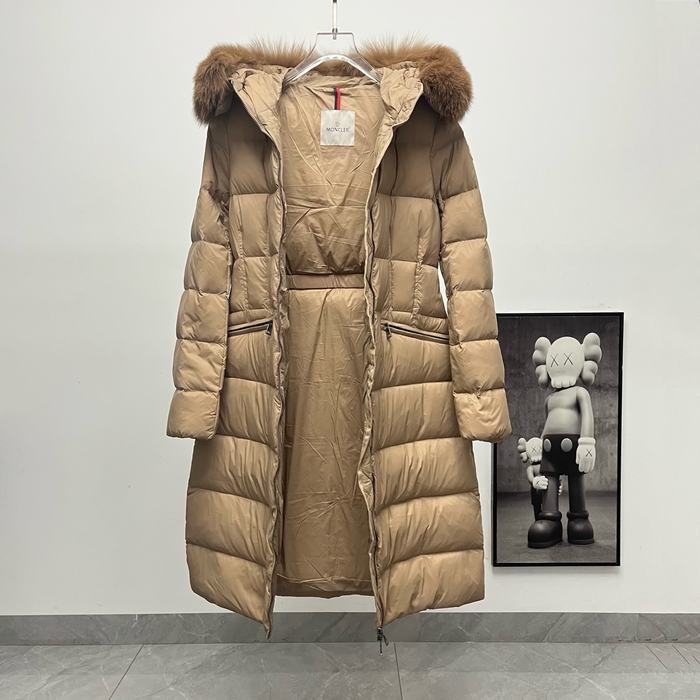 Clothing Moncler long belted down coat with fur collar Tan