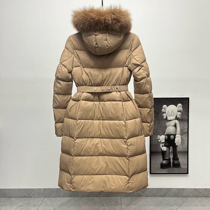 Clothing Moncler long belted down coat with fur collar Tan