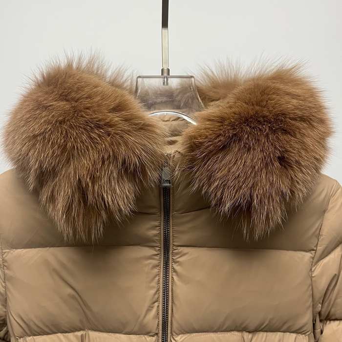 Clothing Moncler long belted down coat with fur collar Tan