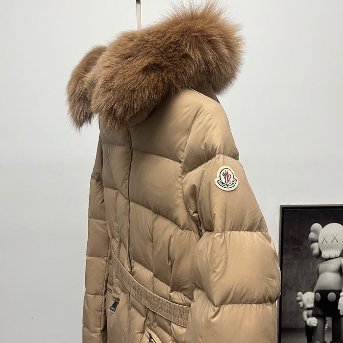 Clothing Moncler long belted down coat with fur collar Tan