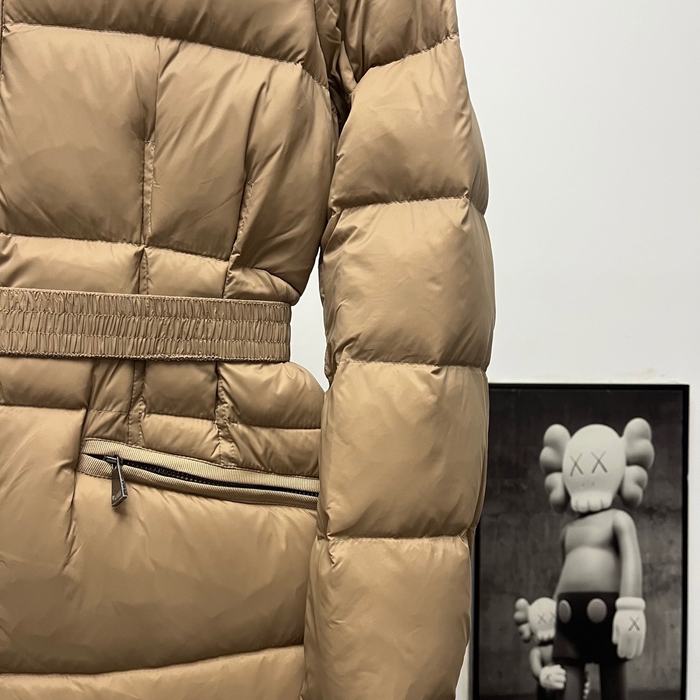 Clothing Moncler long belted down coat with fur collar Tan