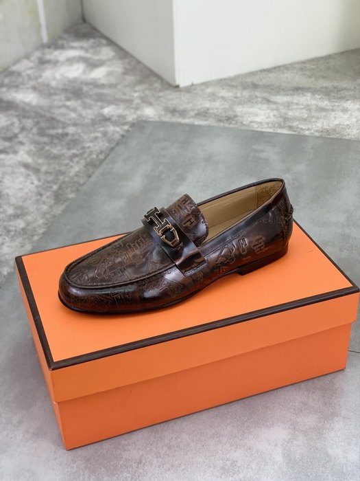 Shoes Hermès men's loafer embossed leather Brown Size 39 44