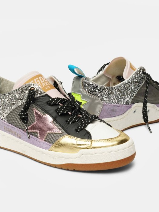 Yupoo sneakers in silver mesh with a pink star Black