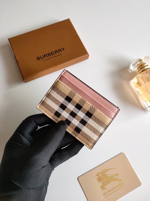 Card holder Burberry checked fabric with leather trim Beige Size 10.5x7.5cm