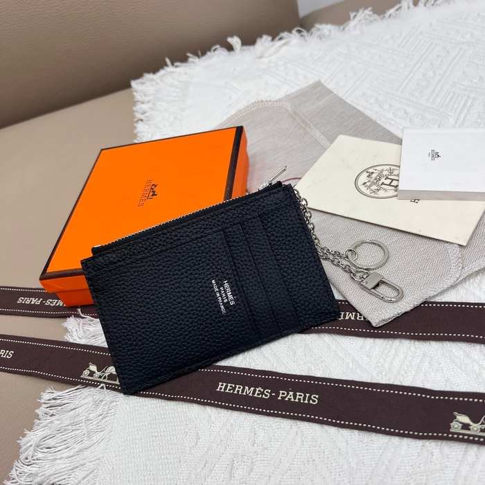 Card holder Hermes Togo leather with silver chain Black Size 11.9x8.3cm