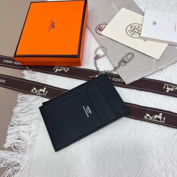 Card holder Hermes Togo leather with silver chain Black Size 11.9x8.3cm