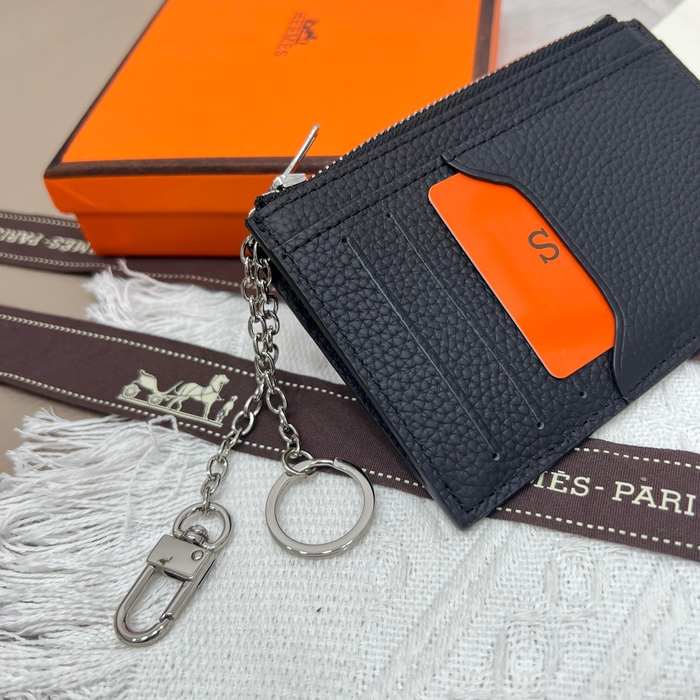 Card holder Hermes Togo leather with silver chain Black Size 11.9x8.3cm