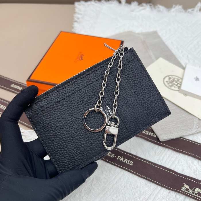 Card holder Hermes Togo leather with silver chain Black Size 11.9x8.3cm