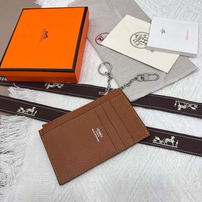 Card holder Hermes Togo leather with silver chain Brown Size 11.9x8.3cm