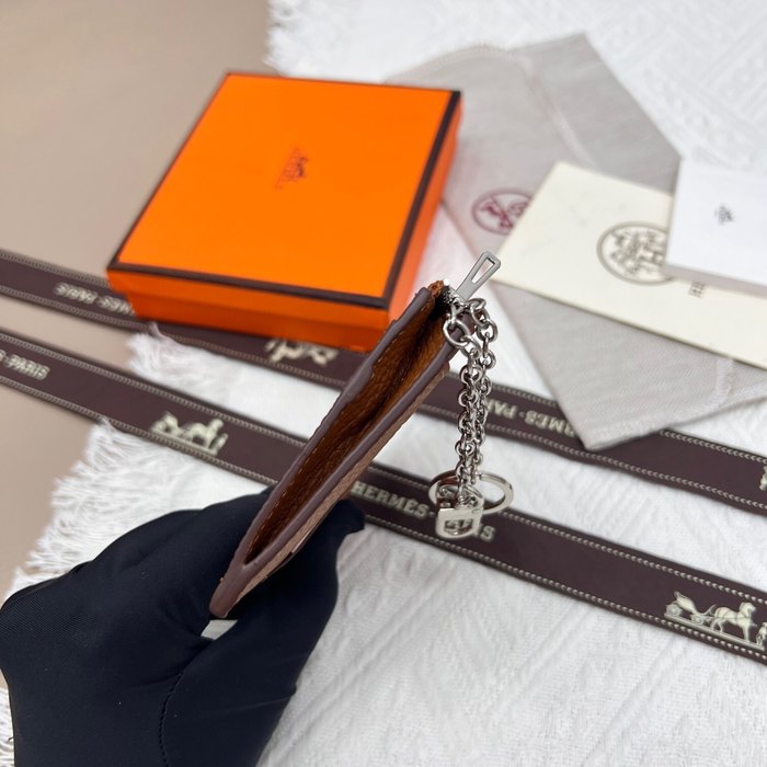 Card holder Hermes Togo leather with silver chain Brown Size 11.9x8.3cm