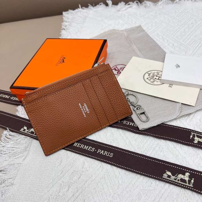 Card holder Hermes Togo leather with silver chain Brown Size 11.9x8.3cm