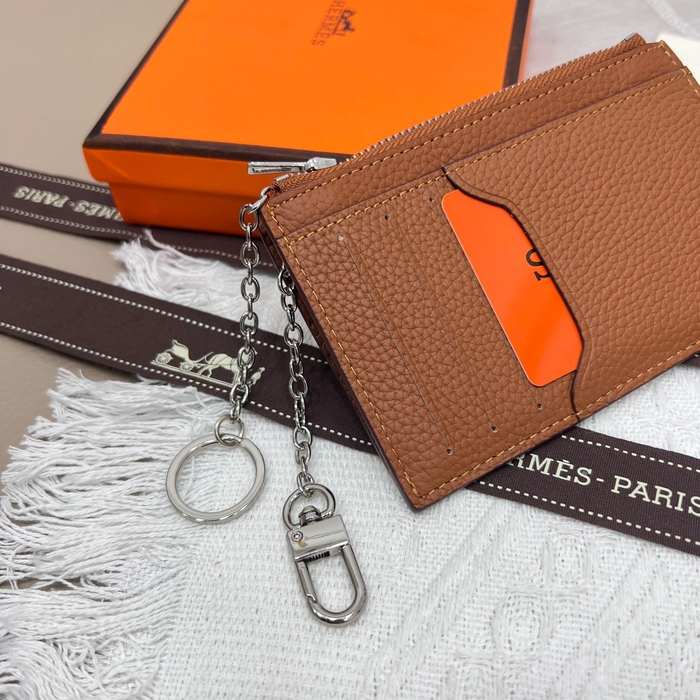 Card holder Hermes Togo leather with silver chain Brown Size 11.9x8.3cm