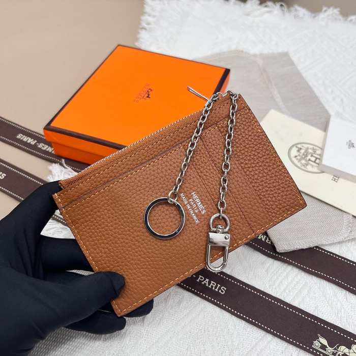 Card holder Hermes Togo leather with silver chain Brown Size 11.9x8.3cm