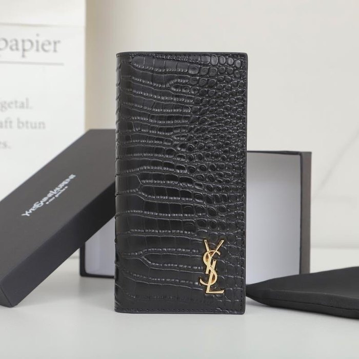 Men's wallet Yves Saint Laurent long crocodile embossed men's wallet Black Size 11x18x2cm
