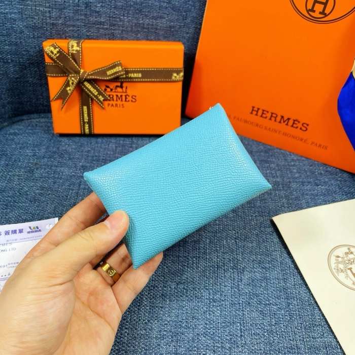 Wallet Hermès palm grain leather compact Blue Size 10x6cm