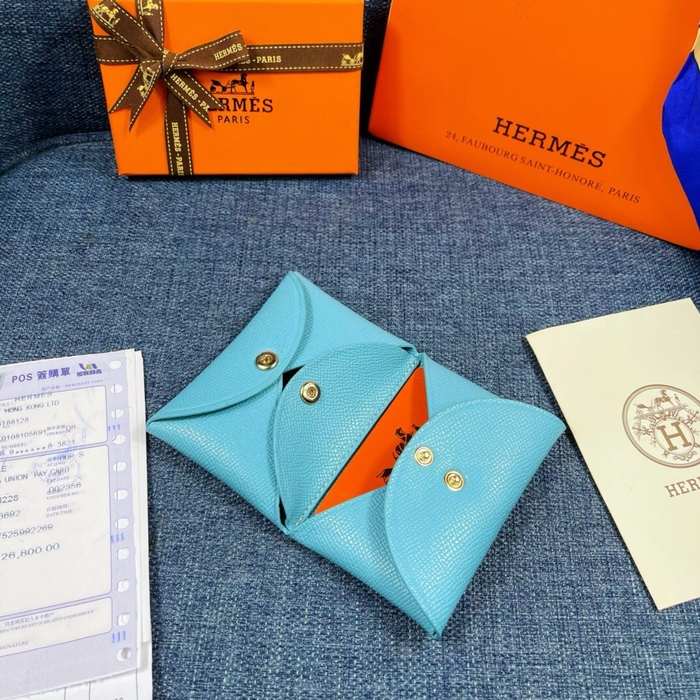 Wallet Hermès palm grain leather compact Blue Size 10x6cm