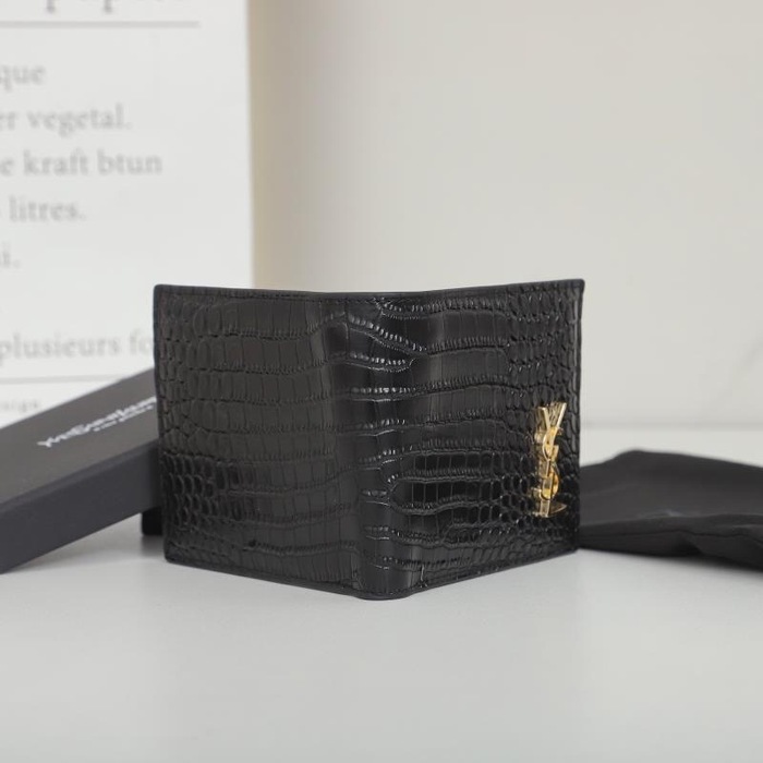 Wallet YSL croco embossed men's short wallet Black Size 11x18x2cm