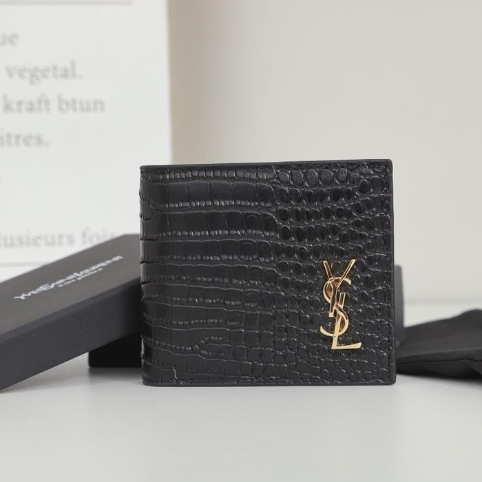 Wallet YSL croco embossed men's short wallet Black Size 11x18x2cm
